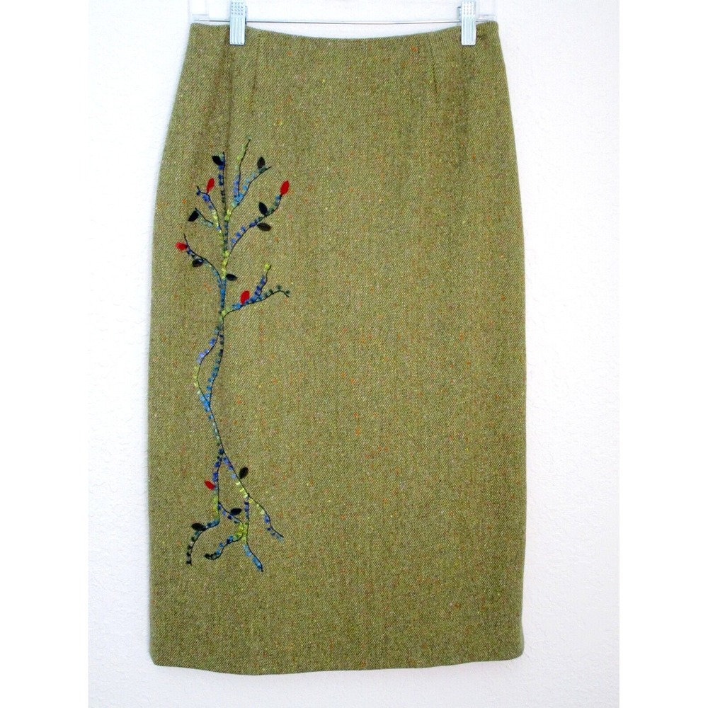 Kenzo Jungle Vintage 80s Green Embroidered Pencil Midi Wool Skirt 38 Tree Art